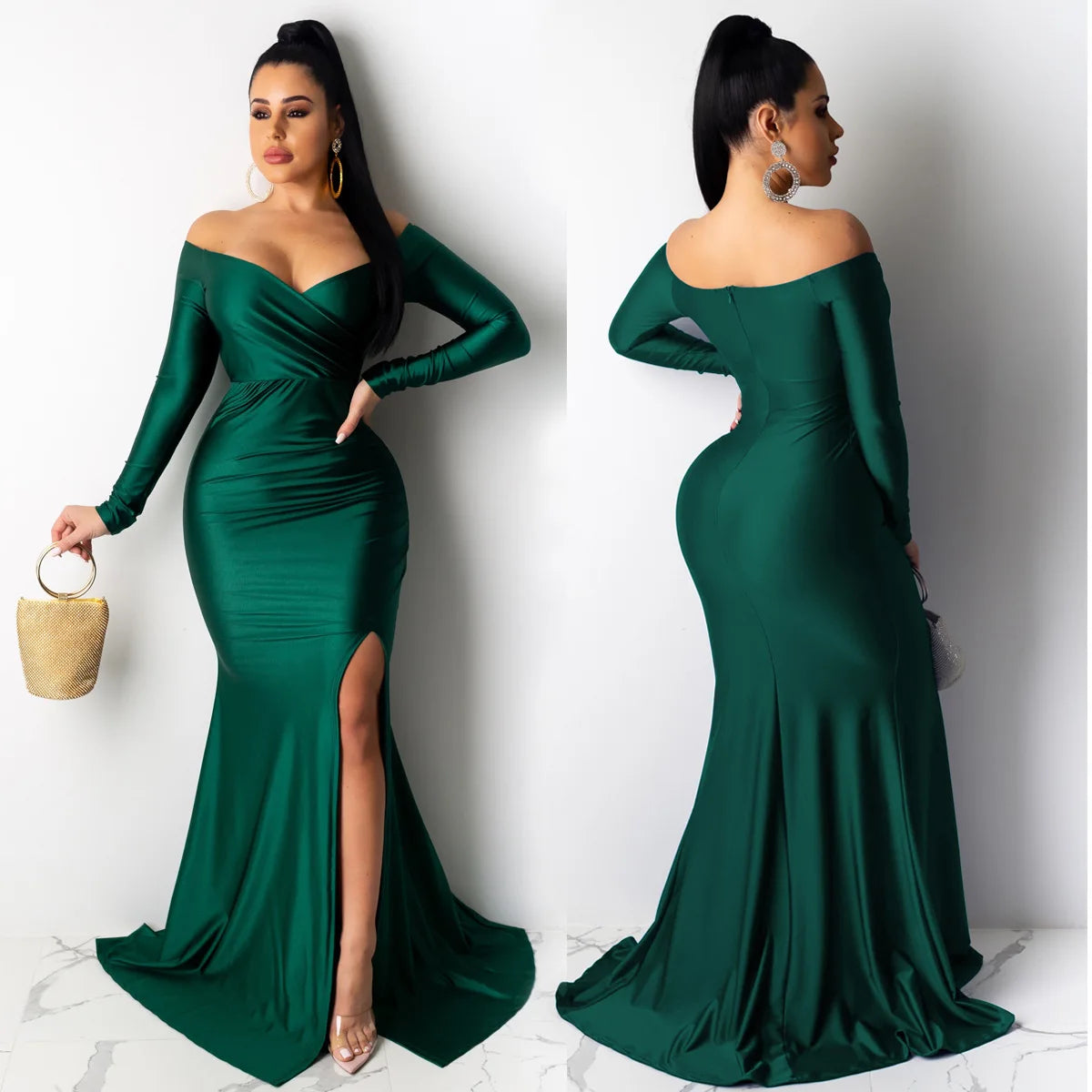 Vestido Longo de Festa Sereia com Decote Ombro a Ombro e Abertura Lateral