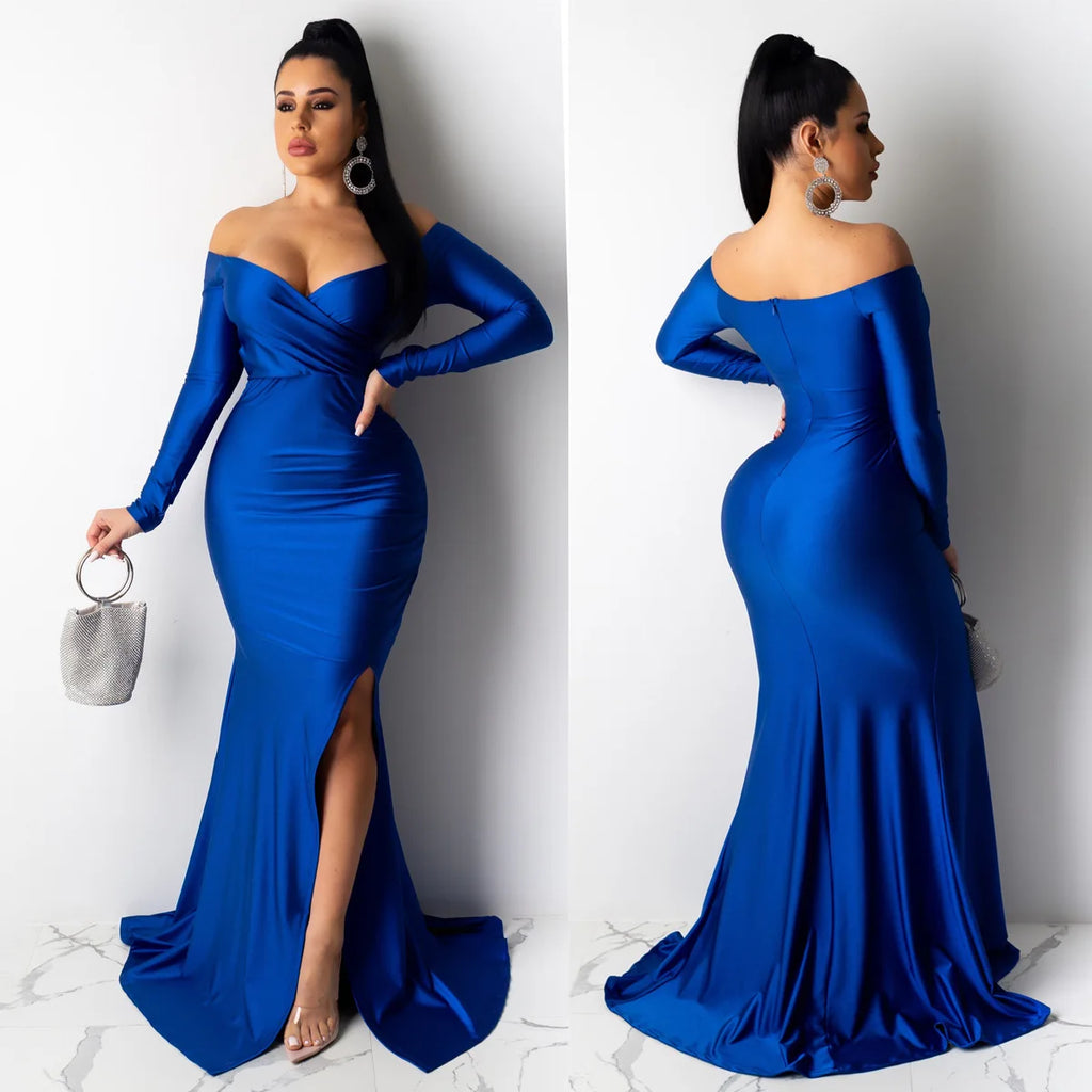 Vestido Longo de Festa Sereia com Decote Ombro a Ombro e Abertura Lateral