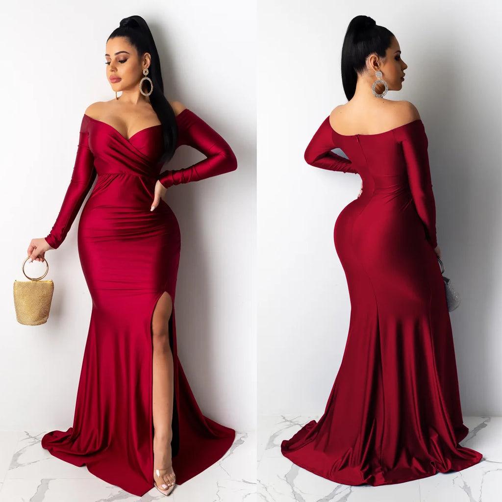 Vestido Longo de Festa Sereia com Decote Ombro a Ombro e Abertura Lateral