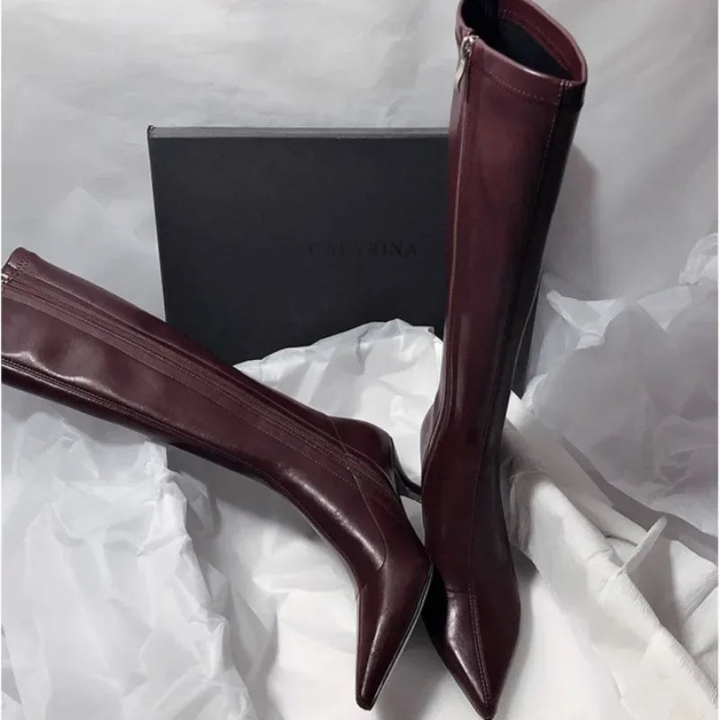 Elegant High Heels Women High Boots Leather Pointed Toe Fashion Shoes 2025 Winter Trend Designer Knee High Pumps Botas De Mujer