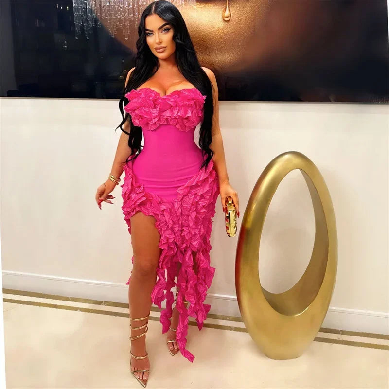 Vestido de Festa com Franjas Elegantes e Alça Assimétrica