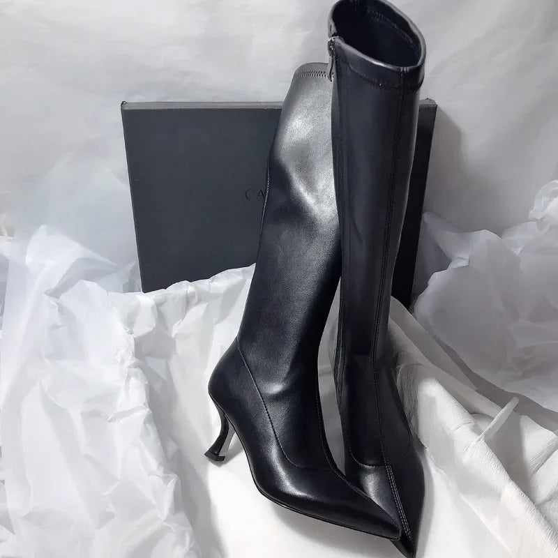 Elegant High Heels Women High Boots Leather Pointed Toe Fashion Shoes 2025 Winter Trend Designer Knee High Pumps Botas De Mujer