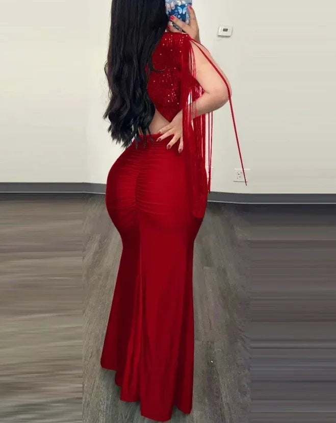 Vestido Longo Elegance Shine – Ombro a Descoberto com Lantejoulas