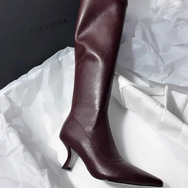 Elegant High Heels Women High Boots Leather Pointed Toe Fashion Shoes 2025 Winter Trend Designer Knee High Pumps Botas De Mujer