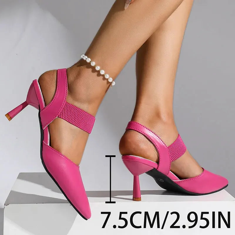 Elegant Rose Red High Heel Sandals for Women Pu Leather Thin Heels Dress Party Shoes Plus Size Elastic Band Pointed Toe Sandals