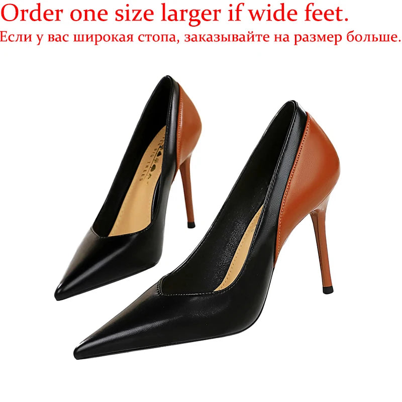 Women Fashion Leather Mix Color 9.5cm High Heels Female Elegant Daily Office Date Shoes Lady Concise Pointed Toe Stiletto Pumps