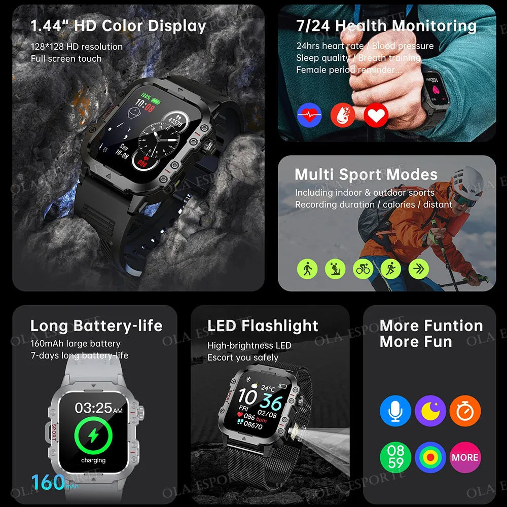 Smartwatch Militar Premium IP67 com Chamadas Bluetooth e Monitorização da Saúde