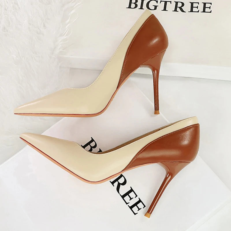 Women Fashion Leather Mix Color 9.5cm High Heels Female Elegant Daily Office Date Shoes Lady Concise Pointed Toe Stiletto Pumps