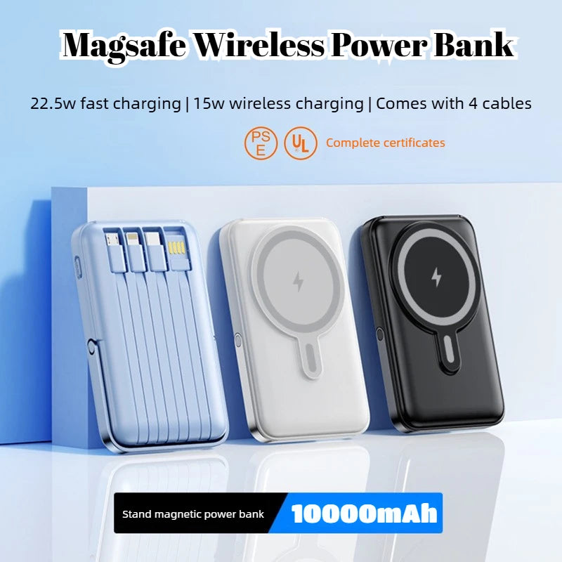 Power Bank Magnética 20.000 mAh – Carregamento Sem Fios com Cabos Integrados e Suporte