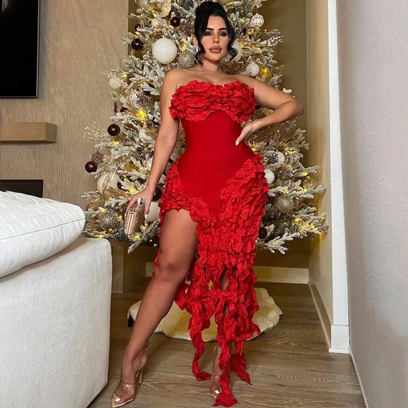 Vestido de Festa com Franjas Elegantes e Alça Assimétrica