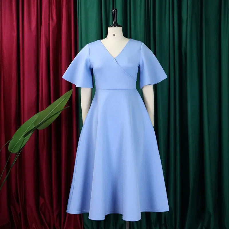 Vestido Elegante Midi para Mulher com Decote em V e Cintura Subida