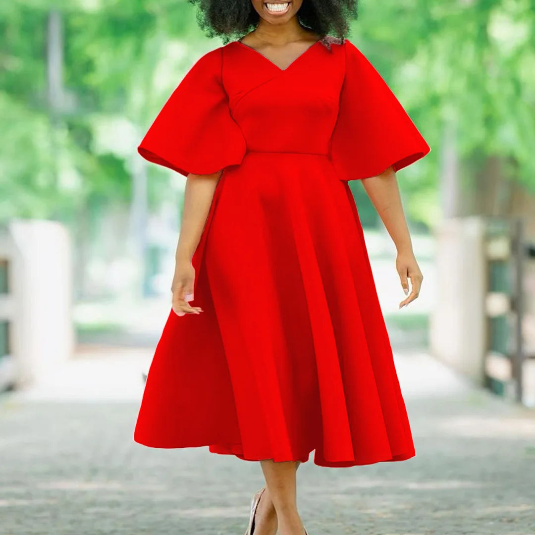Vestido Elegante Midi para Mulher com Decote em V e Cintura Subida