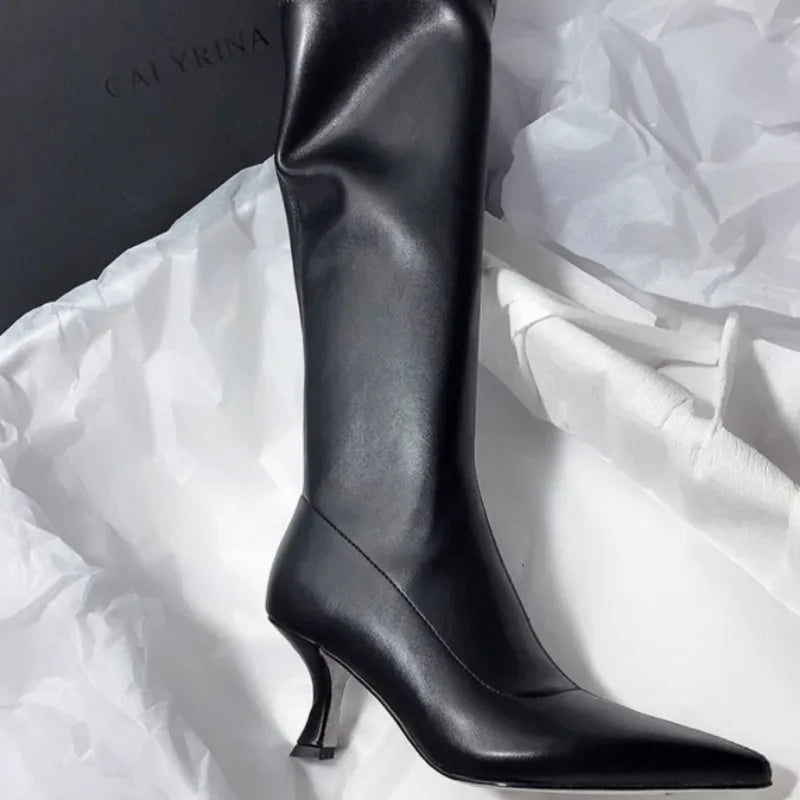 Elegant High Heels Women High Boots Leather Pointed Toe Fashion Shoes 2025 Winter Trend Designer Knee High Pumps Botas De Mujer