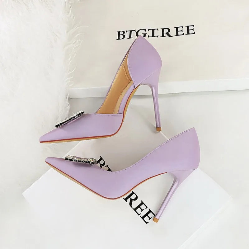 Women 10.5cm High Heels Lady Sexy Stylish Pearl Purple Pumps Female Elegant Pointed Toe Stiletto Heel Shoes