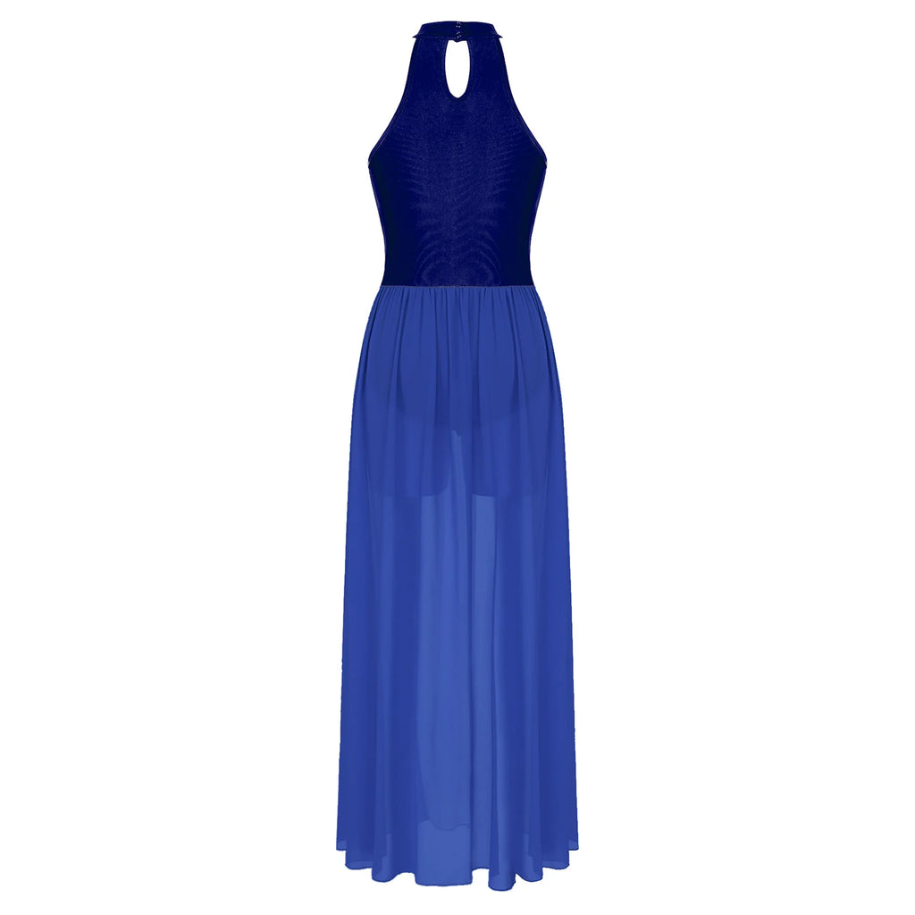 Vestido Elegante Maxi para Mulher com Decote Assimétrico e Cintura Marcada