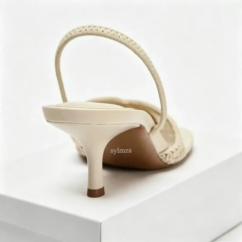 Elegant Mesh Woven High Heels for Women Sexy Pointed Toe Back Strap Breathable Summer Sandals Luxury Banquet Evening Dress Heels