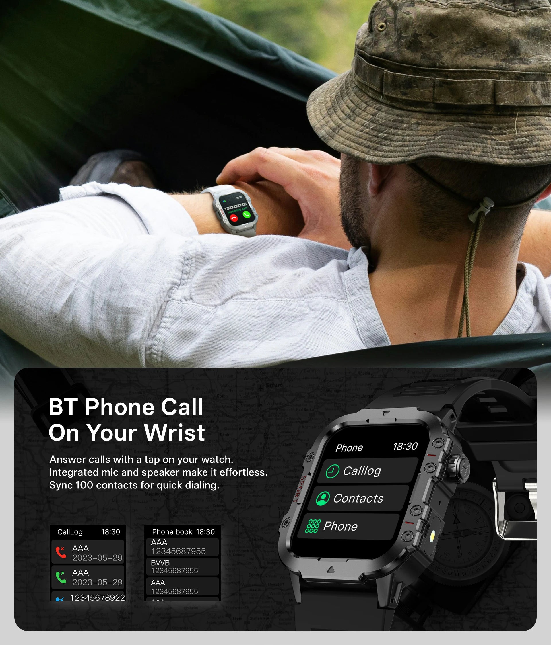 Smartwatch Militar IP67 com Chamadas Bluetooth e Monitorização de Saúde