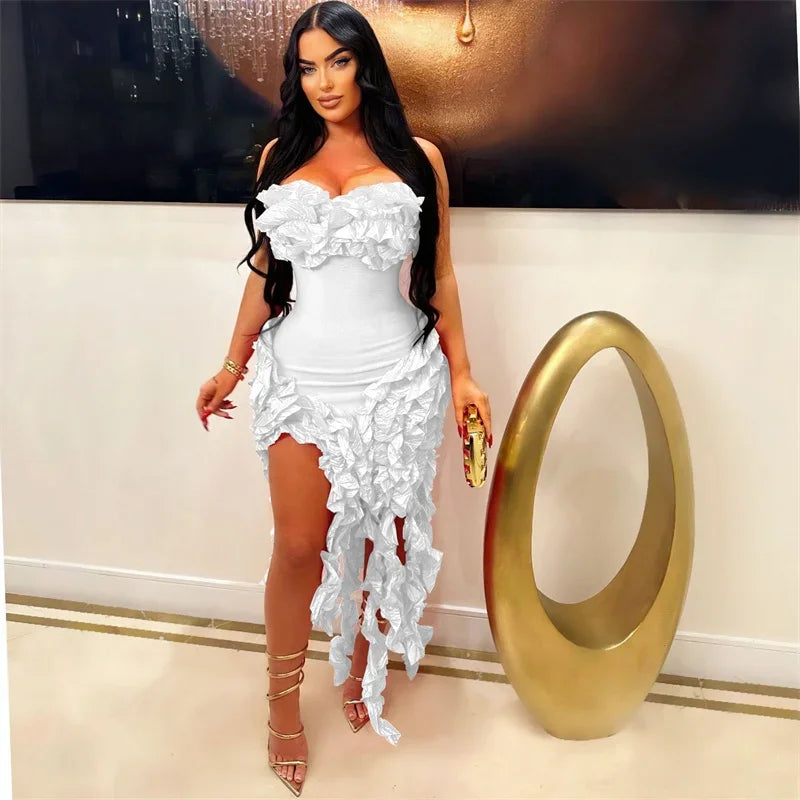 Vestido de Festa com Franjas Elegantes e Alça Assimétrica