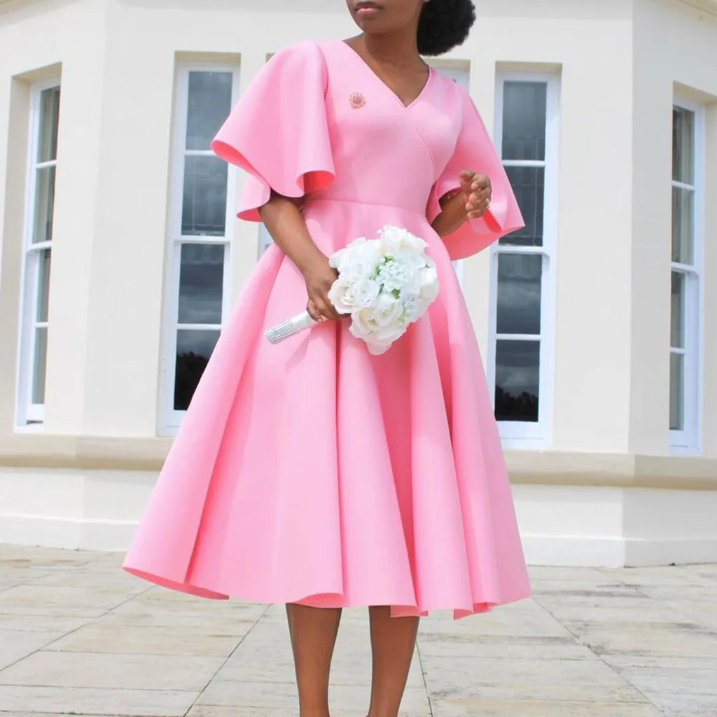 Vestido Elegante Midi para Mulher com Decote em V e Cintura Subida