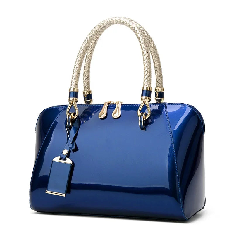 Luxury Designer Handbag Shiny Leather Boston Bag 2024 Fashion New Blue Red Black Beige Pink Bags for Women