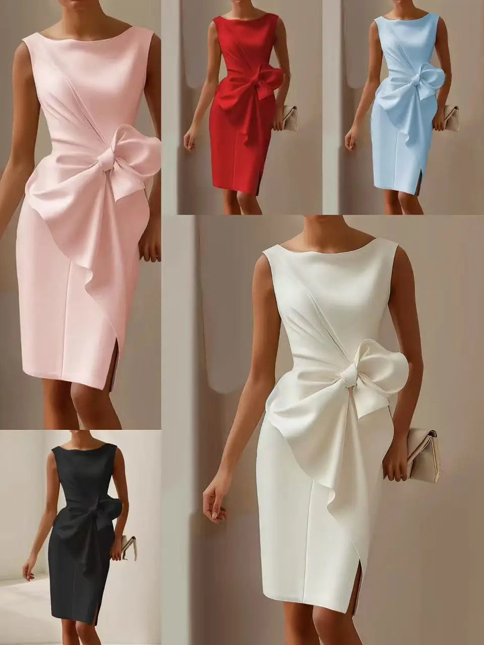 Vestido Elegante Sem Mangas para Mulher com Laço e Cintura Ajustada