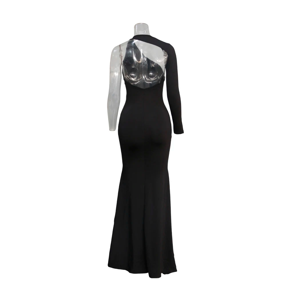 Vestido Longo Elegante de Um Ombro com Abertura Lateral