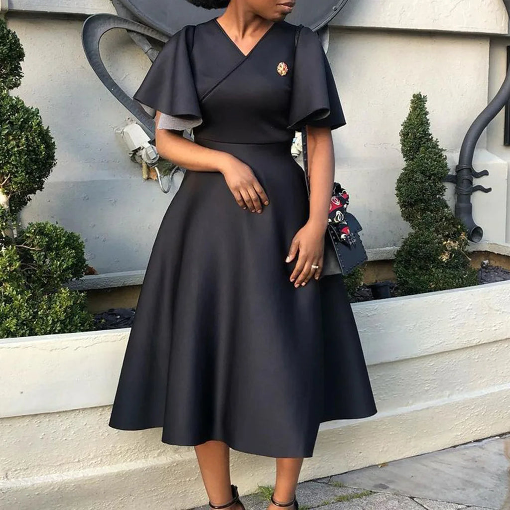 Vestido Elegante Midi para Mulher com Decote em V e Cintura Subida