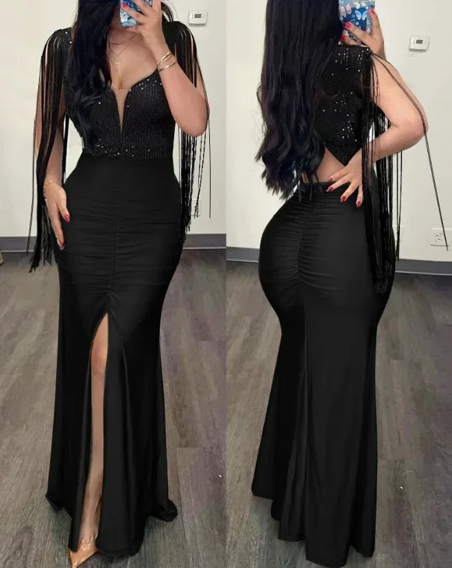 Vestido Longo Elegance Shine – Ombro a Descoberto com Lantejoulas