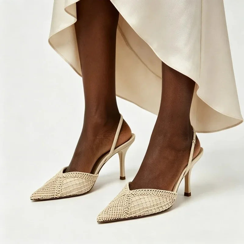 Elegant Mesh Woven High Heels for Women Sexy Pointed Toe Back Strap Breathable Summer Sandals Luxury Banquet Evening Dress Heels