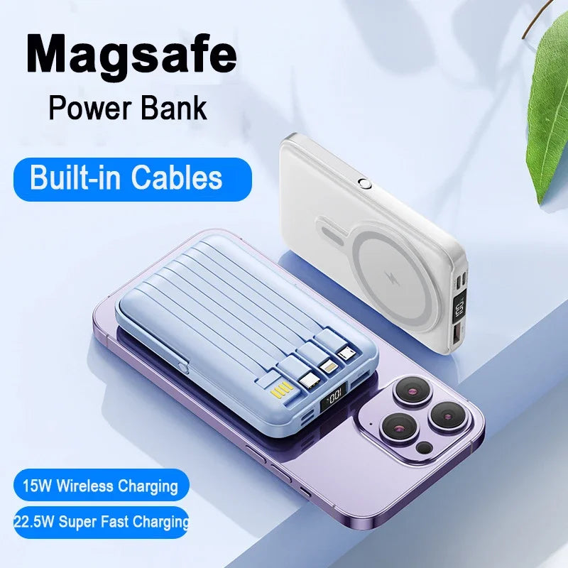 Power Bank Magnética 20.000 mAh – Carregamento Sem Fios com Cabos Integrados e Suporte