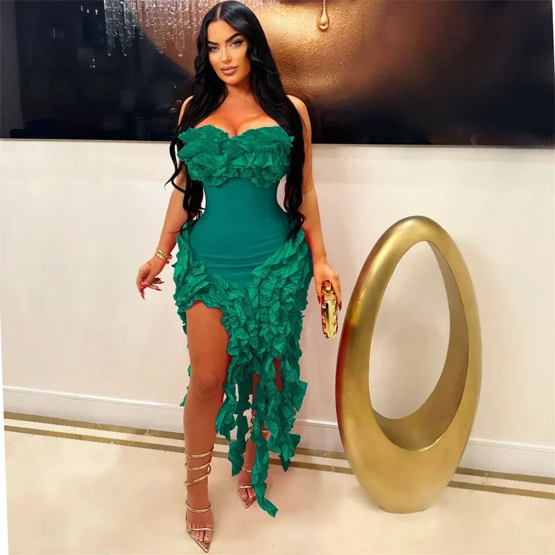 Vestido de Festa com Franjas Elegantes e Alça Assimétrica