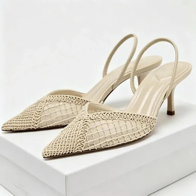 Elegant Mesh Woven High Heels for Women Sexy Pointed Toe Back Strap Breathable Summer Sandals Luxury Banquet Evening Dress Heels