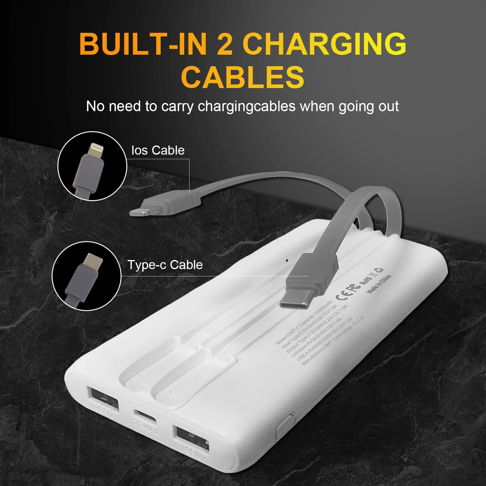 Power Bank 10.000 mAh 22,5W – Carregamento Rápido PD com Cabos Integrados