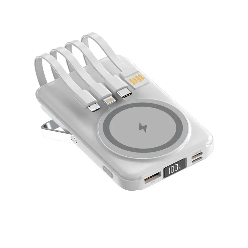 Power Bank Magnética 20.000 mAh – Carregamento Sem Fios com Cabos Integrados e Suporte