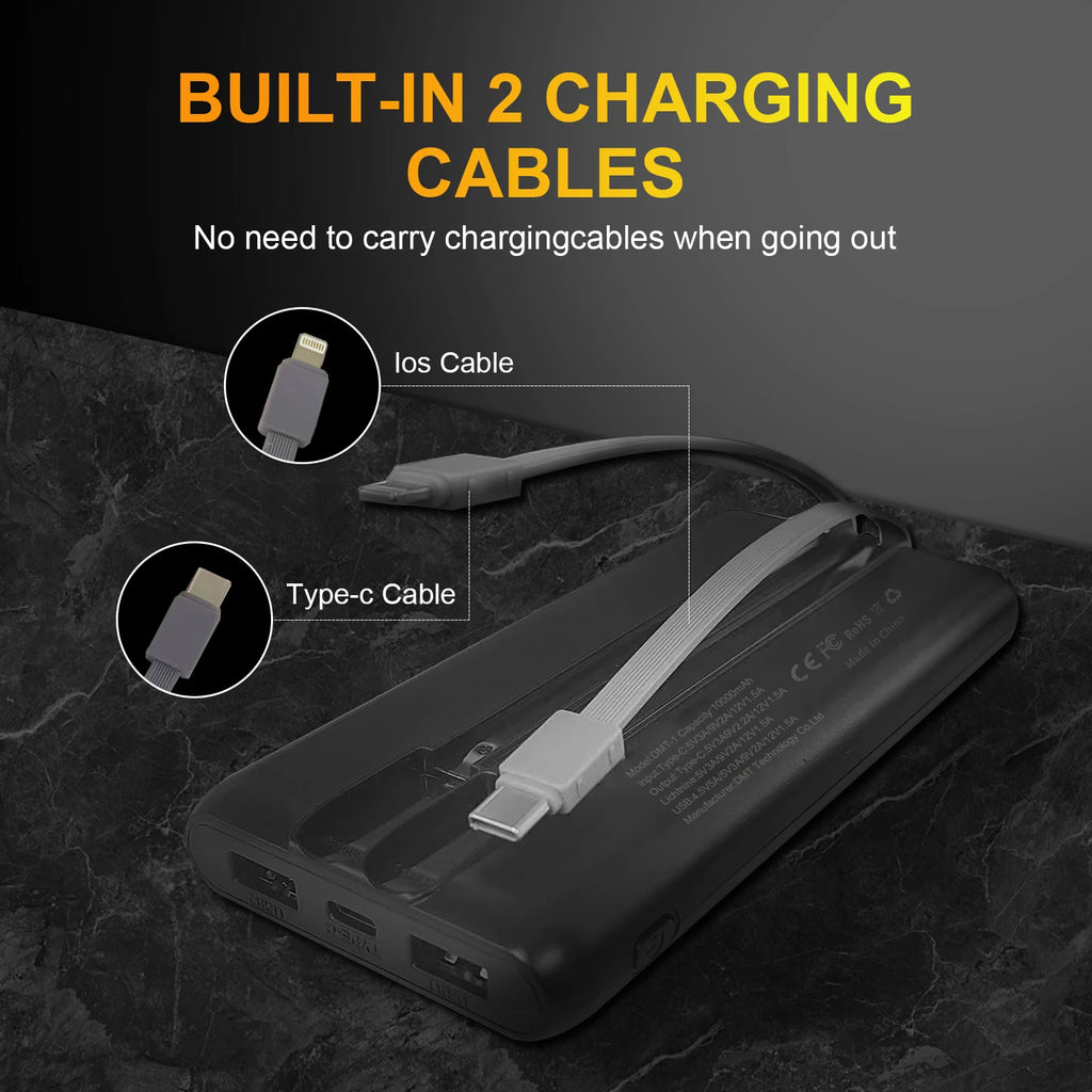 Power Bank 10.000 mAh 22,5W – Carregamento Rápido PD com Cabos Integrados