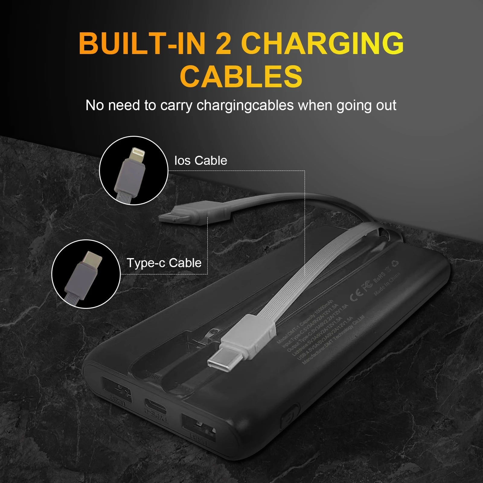 Power Bank 10.000 mAh 22,5W – Carregamento Rápido PD com Cabos Integrados