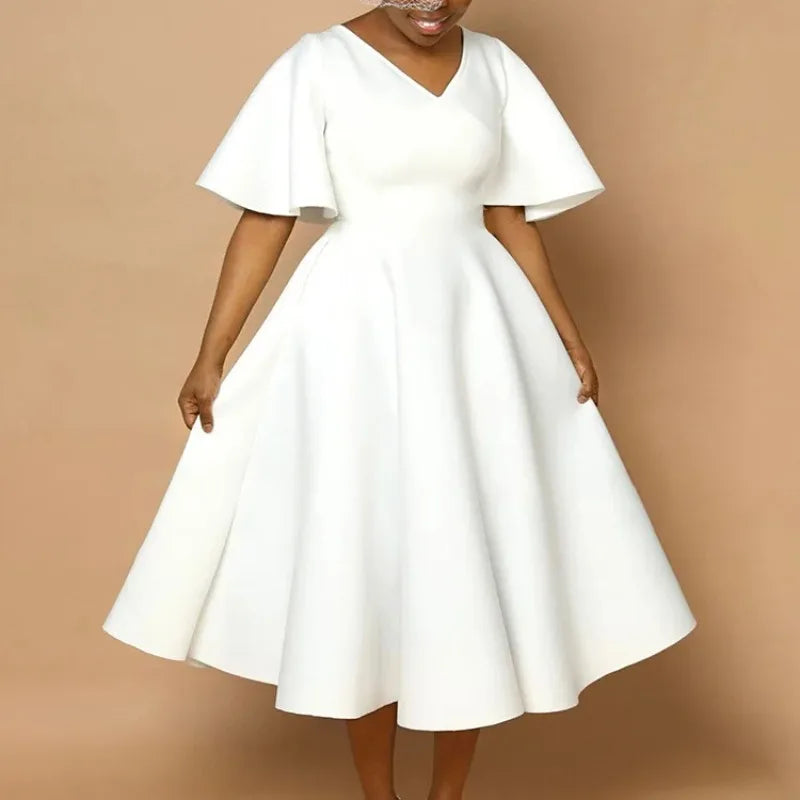 Vestido Elegante Midi para Mulher com Decote em V e Cintura Subida