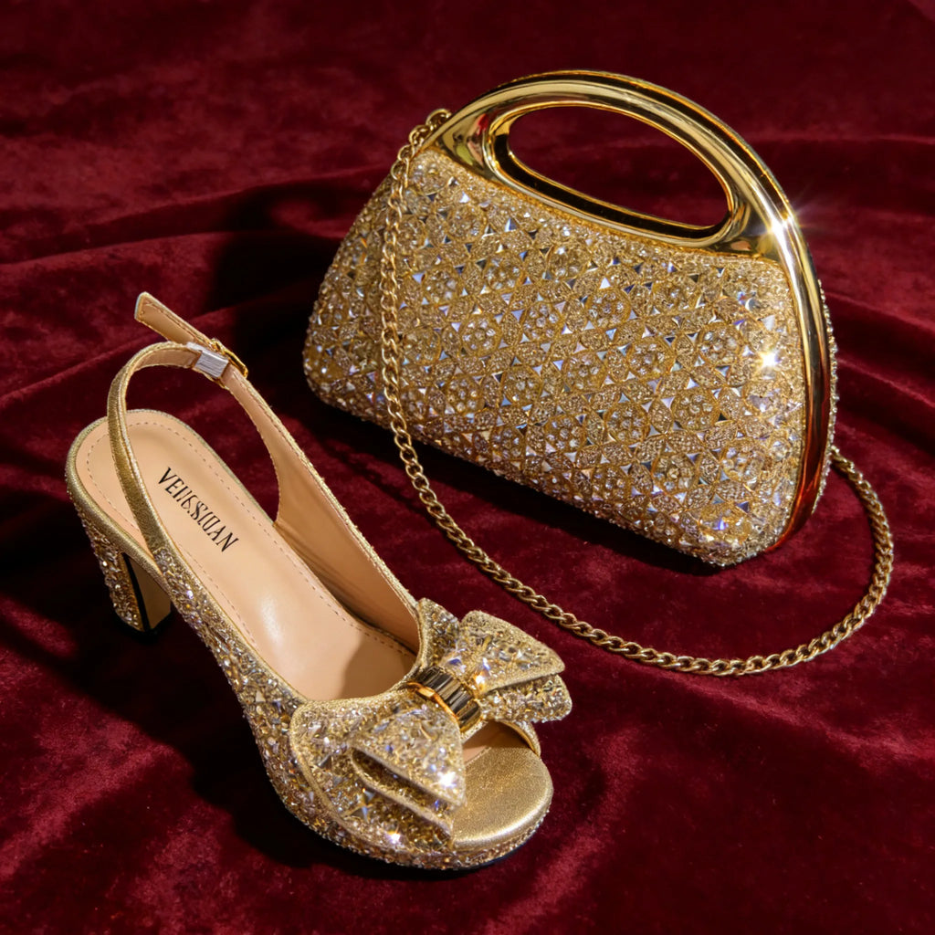 Elegant Italian Women's Party Shoe and Bag Set – Chic Champagne Rhinestone Peep-Toe High Heel Sandals Perfect for Weddings