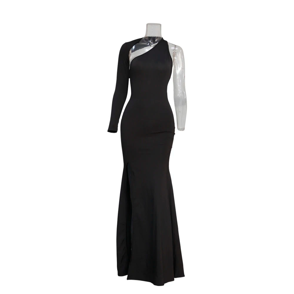 Vestido Longo Elegante de Um Ombro com Abertura Lateral