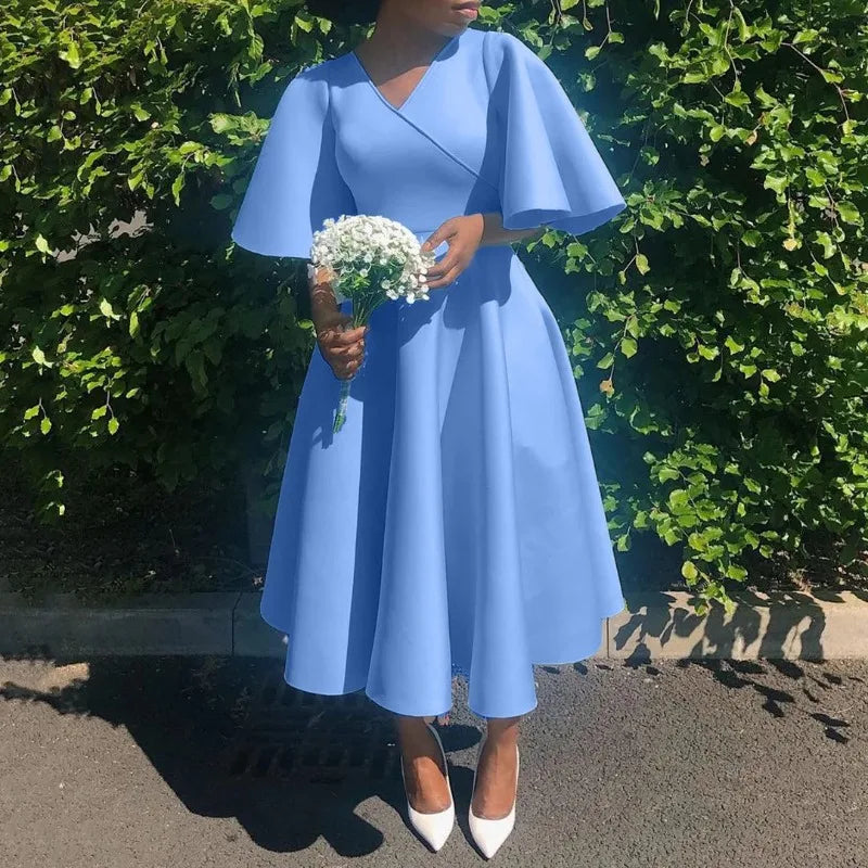 Vestido Elegante Midi para Mulher com Decote em V e Cintura Subida