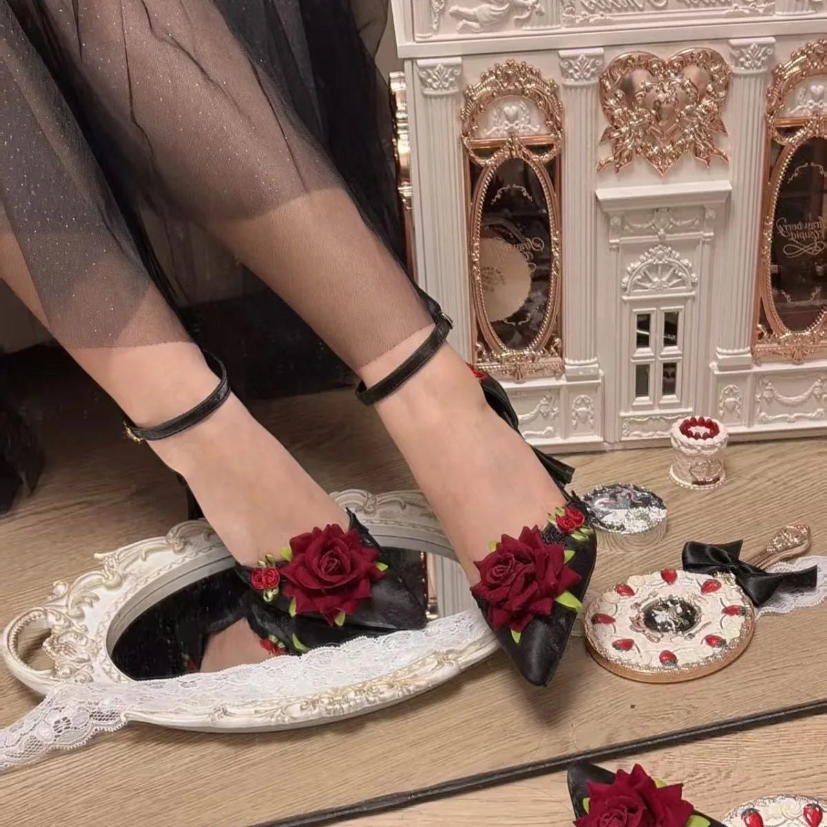 Elegant Woman Heeled Shoes Black Heels for Women Gothic Lolita Red and Black Halloween Shoes Ladies Footwear Pointed Toe