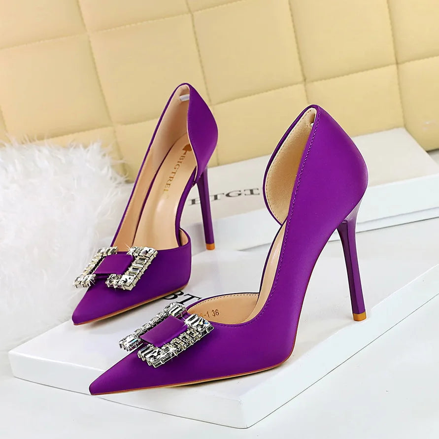 Women 10.5cm High Heels Lady Sexy Stylish Pearl Purple Pumps Female Elegant Pointed Toe Stiletto Heel Shoes
