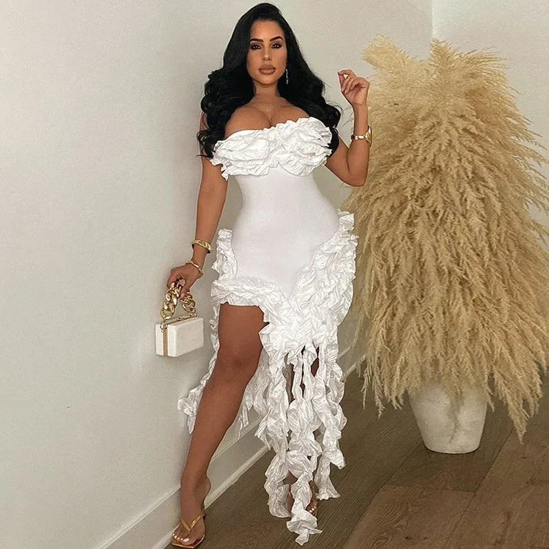 Vestido de Festa com Franjas Elegantes e Alça Assimétrica