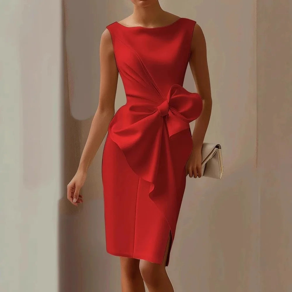Vestido Elegante Sem Mangas para Mulher com Laço e Cintura Ajustada