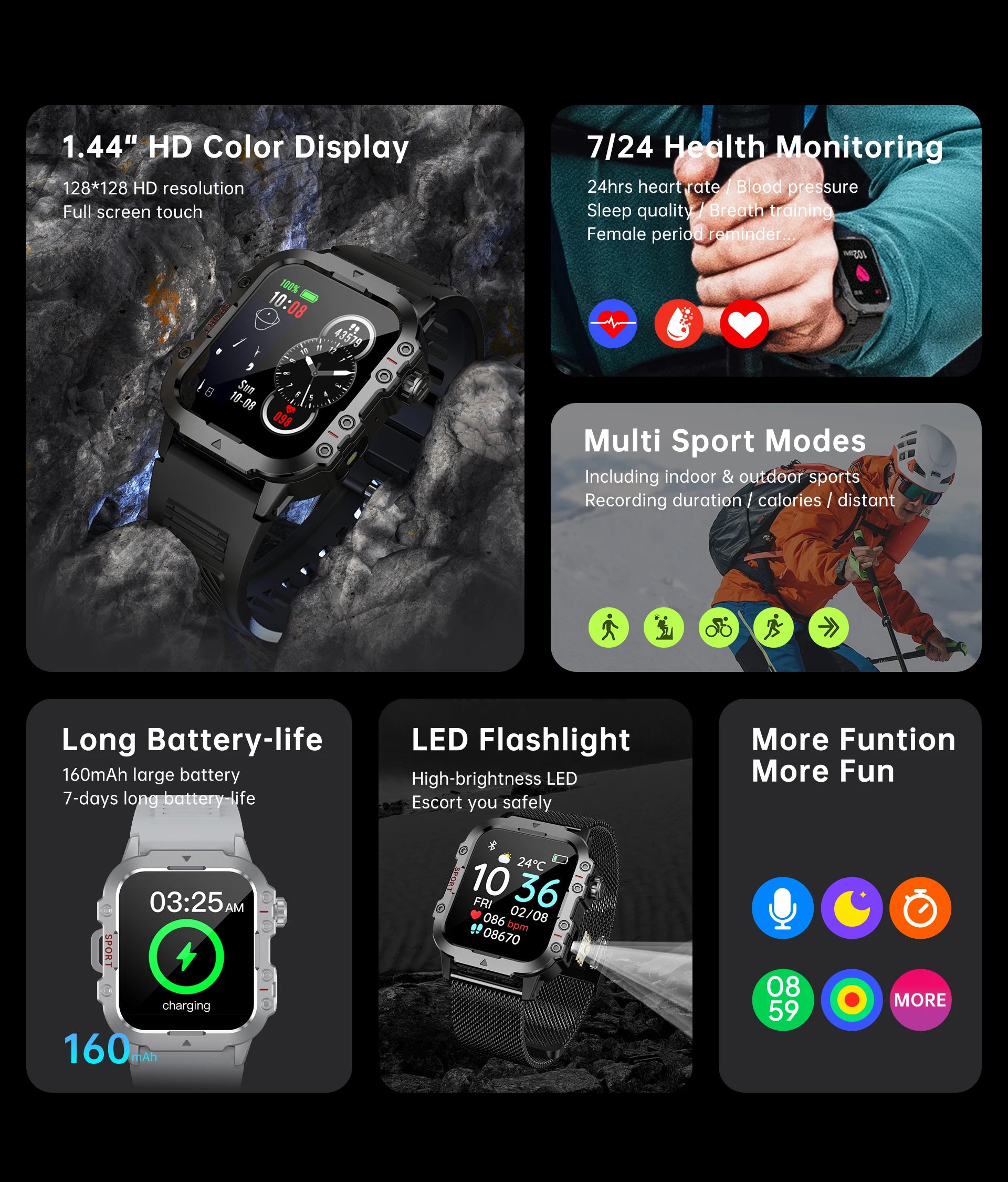 Smartwatch Militar IP67 com Chamadas Bluetooth e Monitorização de Saúde