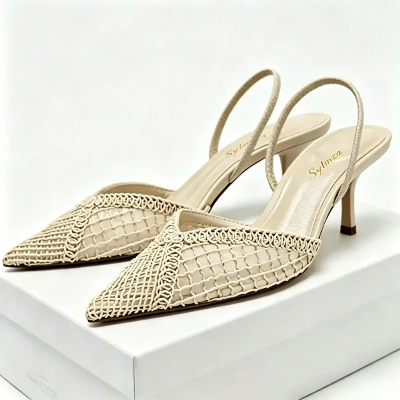 Elegant Mesh Woven High Heels for Women Sexy Pointed Toe Back Strap Breathable Summer Sandals Luxury Banquet Evening Dress Heels