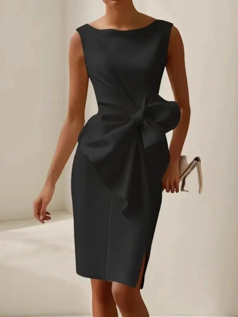 Vestido Elegante Sem Mangas para Mulher com Laço e Cintura Ajustada