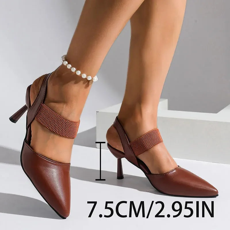 Elegant Rose Red High Heel Sandals for Women Pu Leather Thin Heels Dress Party Shoes Plus Size Elastic Band Pointed Toe Sandals