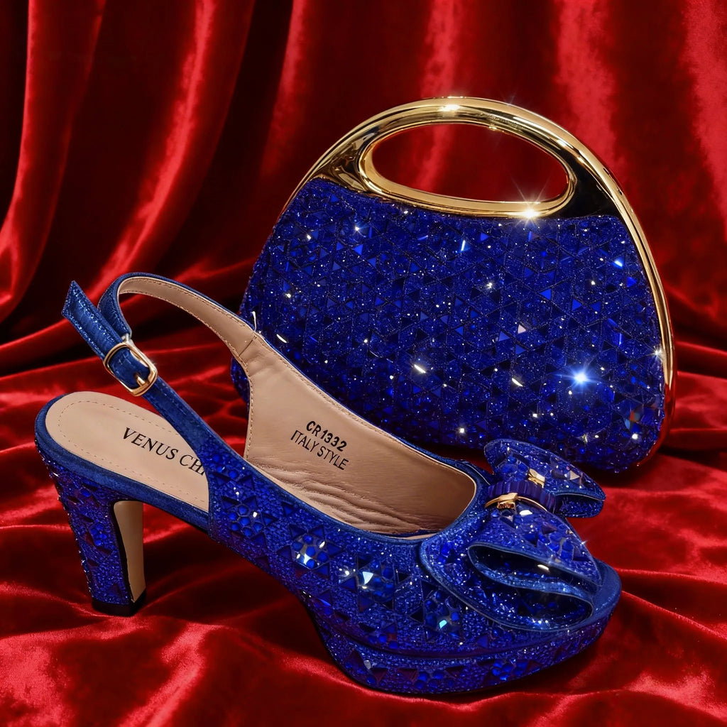 Elegant Italian Women's Party Shoe and Bag Set – Chic Champagne Rhinestone Peep-Toe High Heel Sandals Perfect for Weddings