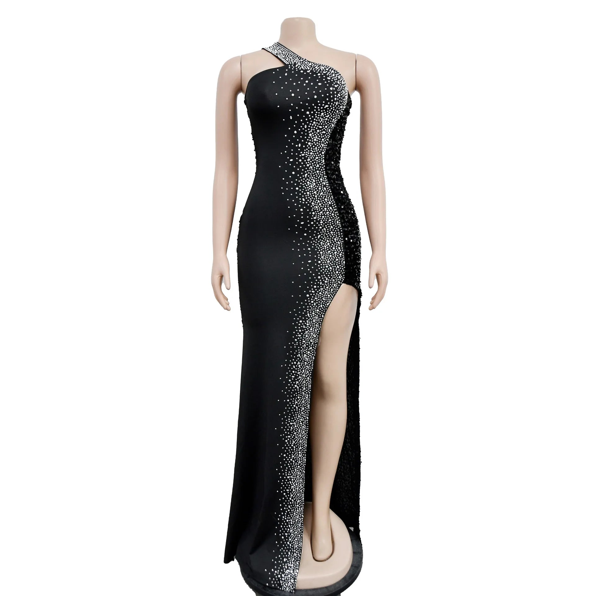 Vestido Longo de Festa de Ombro Único com Brilhantes e Abertura Lateral